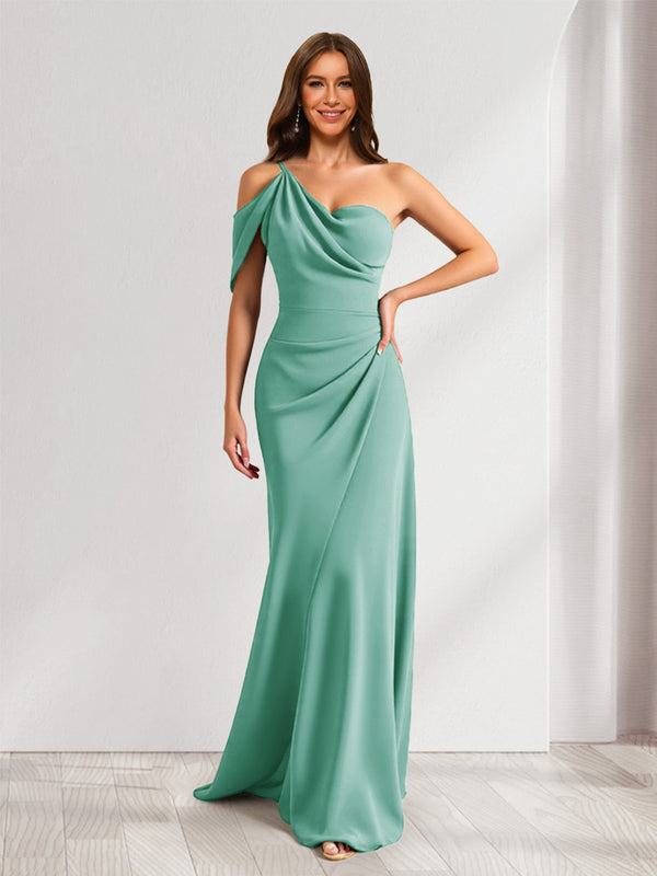 Sheath/Column Asymmetrical One-Shoulder Ruched Long Bridesmaid Dresses