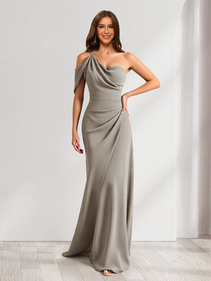 Sheath/Column Asymmetrical One-Shoulder Ruched Long Bridesmaid Dresses