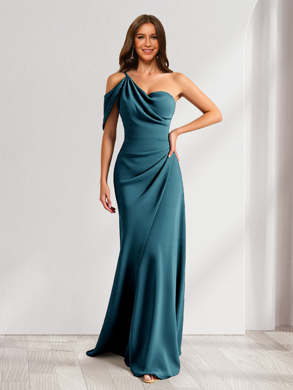 Sheath/Column Asymmetrical One-Shoulder Ruched Long Bridesmaid Dresses
