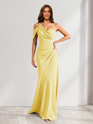 Sheath/Column Asymmetrical One-Shoulder Ruched Long Bridesmaid Dresses