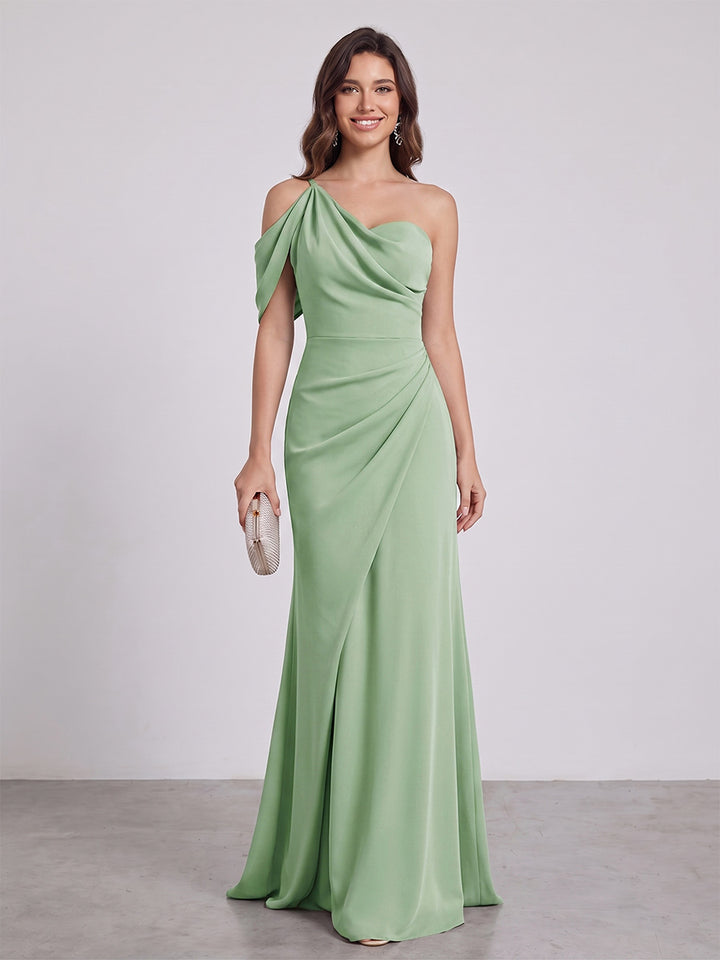 Sheath/Column Asymmetrical One-Shoulder Floor-Length Ruched Long Bridesmaid Dresses With Split Side