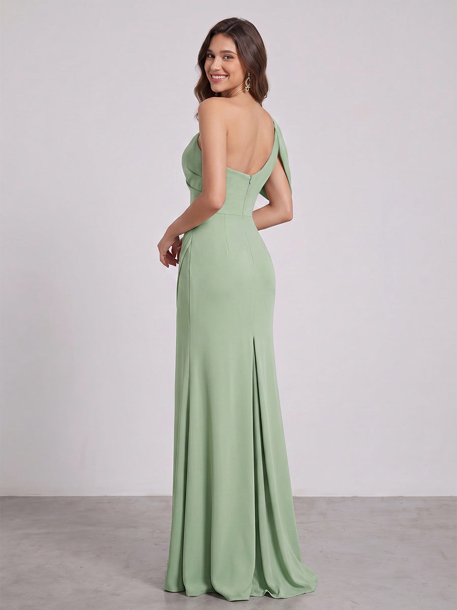 Sheath/Column Asymmetrical One-Shoulder Floor-Length Ruched Long Bridesmaid Dresses With Split Side