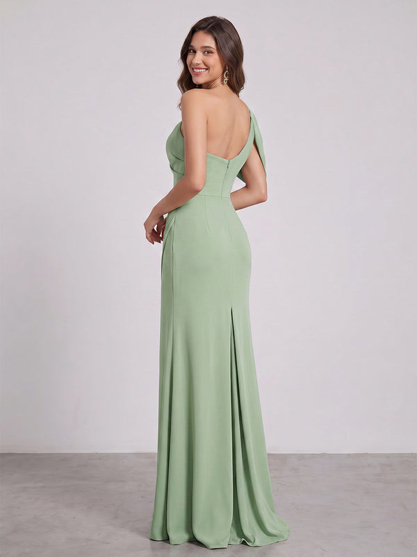 Sheath/Column Asymmetrical One-Shoulder Floor-Length Ruched Long Bridesmaid Dresses With Split Side