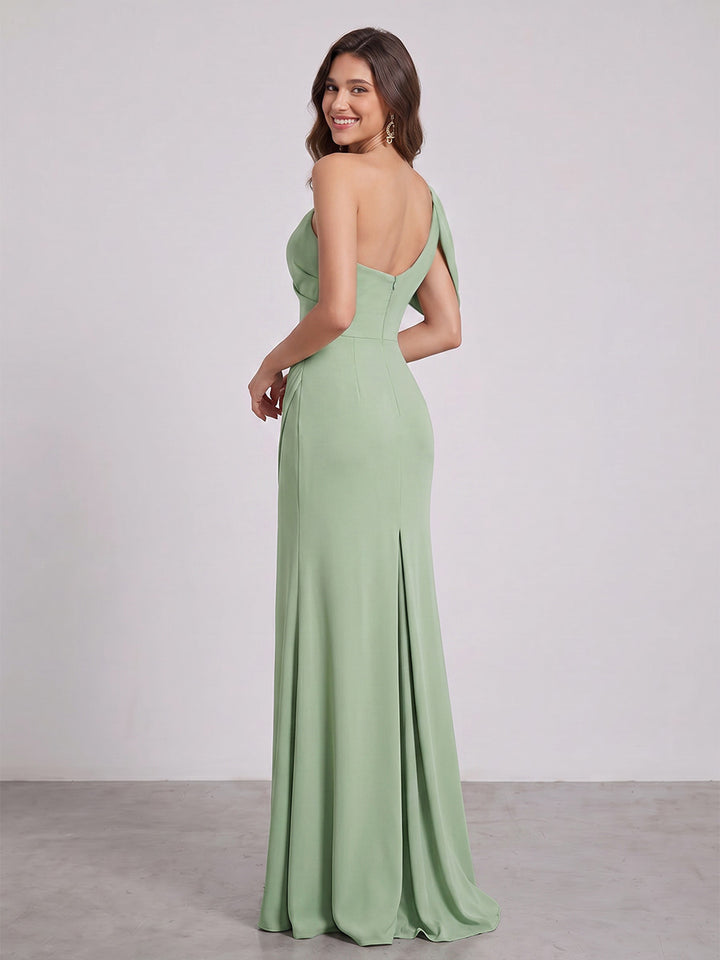 Sheath/Column Asymmetrical One-Shoulder Floor-Length Ruched Long Bridesmaid Dresses With Split Side