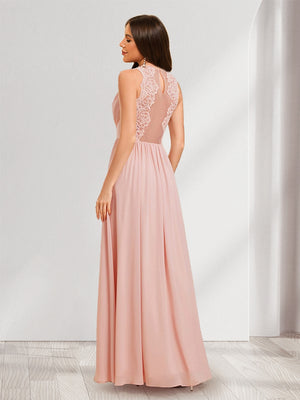 A-Line/Princess V-Neck Sleeveless Lace Long Bridesmaid Dresses