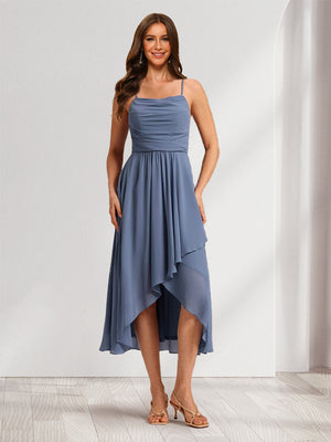 A-Line/Princess Straps Tea-Length Asymmetrical Chiffon Bridesmaid Dresses