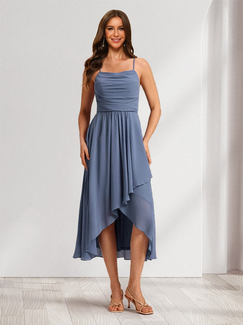 A-Line/Princess Straps Tea-Length Asymmetrical Chiffon Bridesmaid Dresses