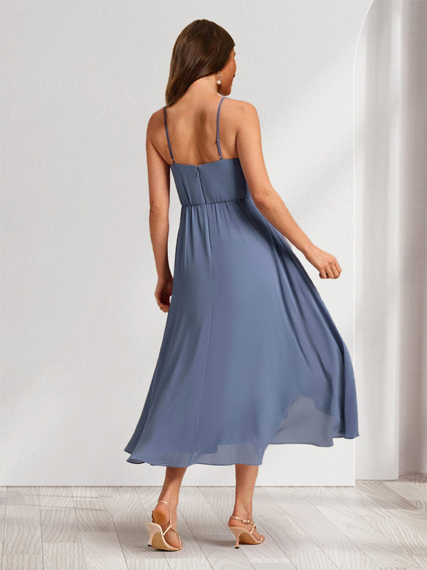 A-Line/Princess Straps Tea-Length Asymmetrical Chiffon Bridesmaid Dresses