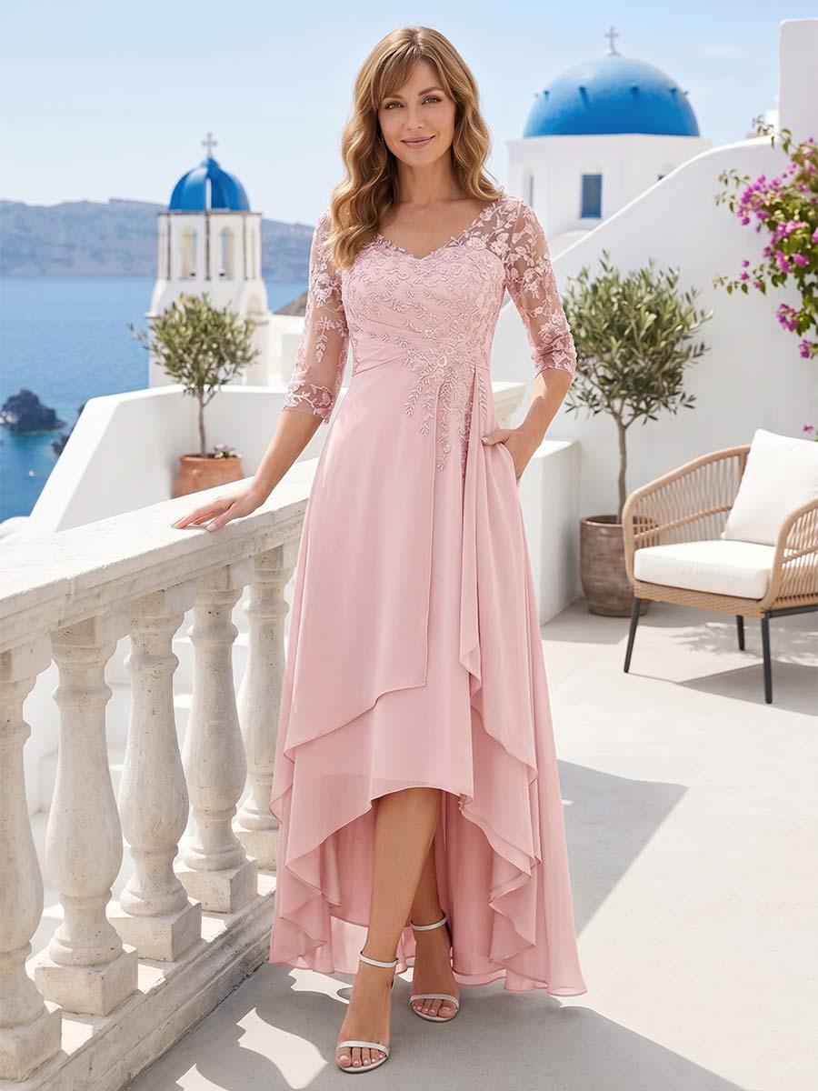 A-Line/Princess V-Neck Half Sleeves Asymmetrical Mother of the Bride Dresses with Appliques