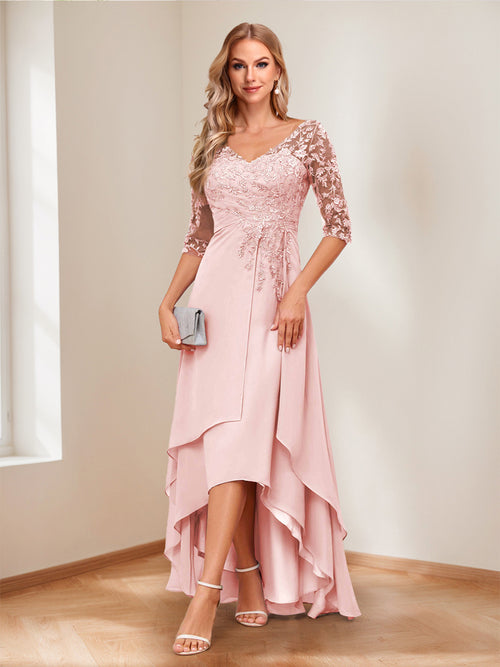 A-Line/Princess V-Neck Half Sleeves Asymmetrical Mother of the Bride Dresses with Appliques