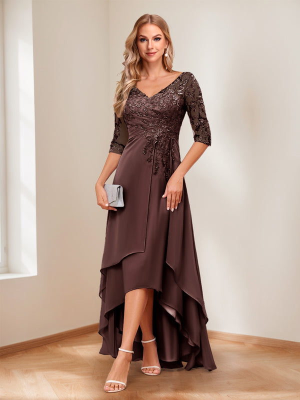A-Line/Princess V-Neck Half Sleeves Asymmetrical Mother of the Bride Dresses with Appliques