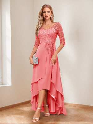 A-Line/Princess V-Neck Half Sleeves Asymmetrical Mother of the Bride Dresses with Appliques