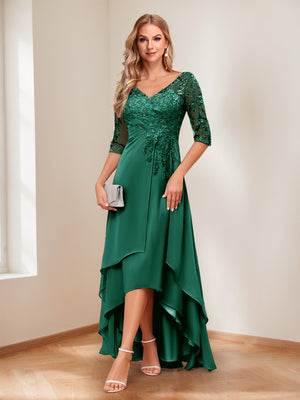 A-Line/Princess V-Neck Half Sleeves Asymmetrical Mother of the Bride Dresses with Appliques