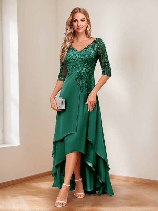 A-Line/Princess V-Neck Half Sleeves Asymmetrical Mother of the Bride Dresses with Appliques