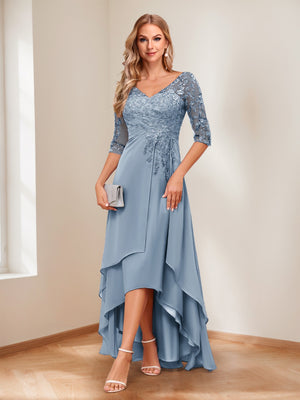 A-Line/Princess V-Neck Half Sleeves Asymmetrical Mother of the Bride Dresses with Appliques