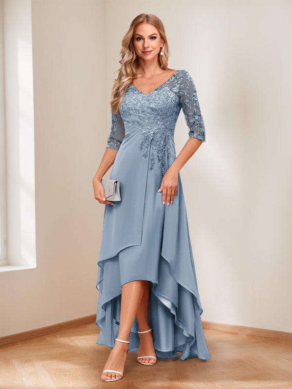 A-Line/Princess V-Neck Half Sleeves Asymmetrical Mother of the Bride Dresses with Appliques
