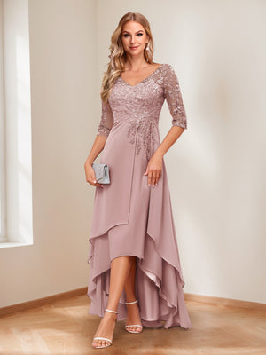 A-Line/Princess V-Neck Half Sleeves Asymmetrical Mother of the Bride Dresses with Appliques
