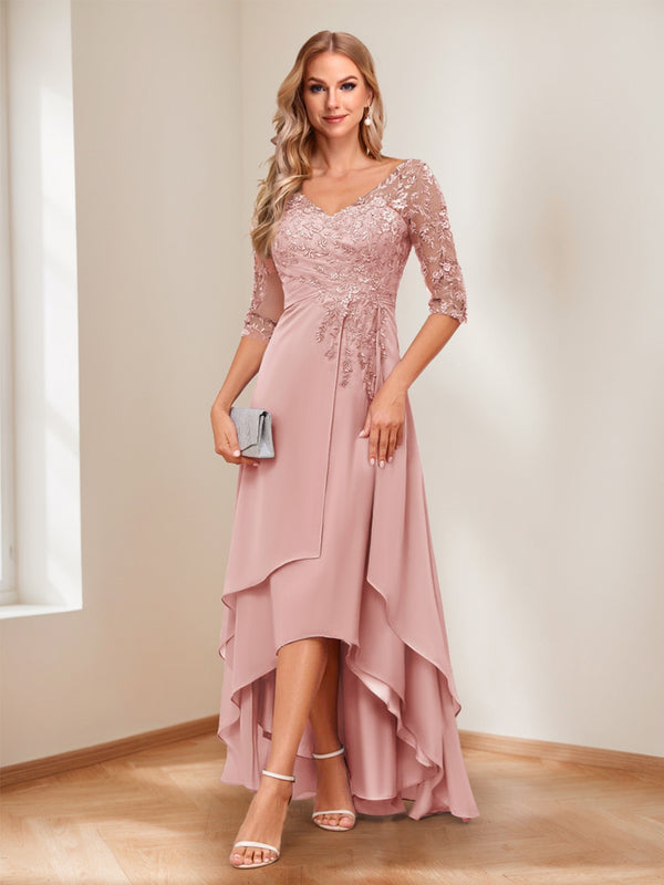 A-Line/Princess V-Neck Half Sleeves Asymmetrical Mother of the Bride Dresses with Appliques