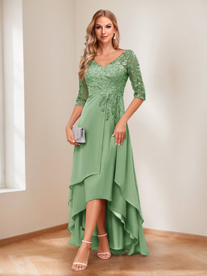 A-Line/Princess V-Neck Half Sleeves Asymmetrical Mother of the Bride Dresses with Appliques