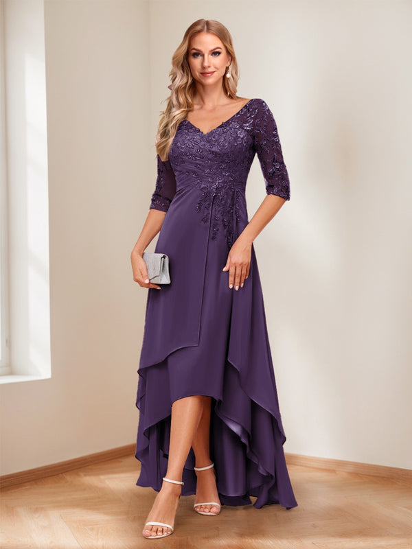 A-Line/Princess V-Neck Half Sleeves Asymmetrical Mother of the Bride Dresses with Appliques