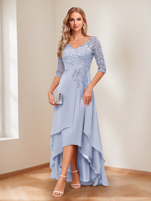 A-Line/Princess V-Neck Half Sleeves Asymmetrical Mother of the Bride Dresses with Appliques