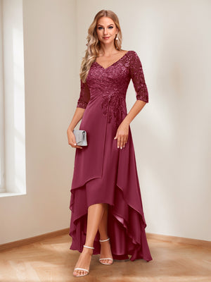 A-Line/Princess V-Neck Half Sleeves Asymmetrical Mother of the Bride Dresses with Appliques