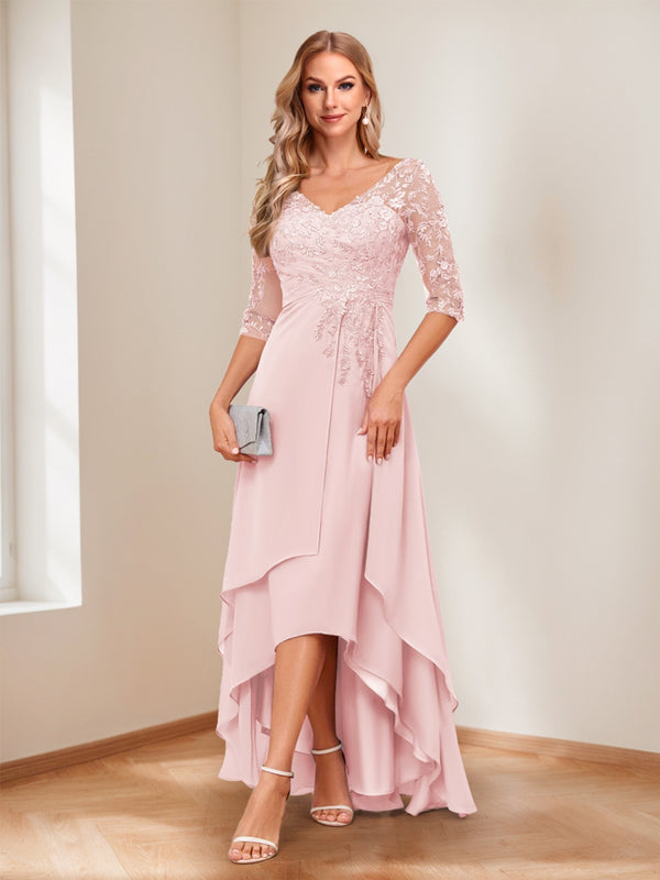 A-Line/Princess V-Neck Half Sleeves Asymmetrical Mother of the Bride Dresses with Appliques