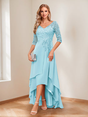 A-Line/Princess V-Neck Half Sleeves Asymmetrical Mother of the Bride Dresses with Appliques