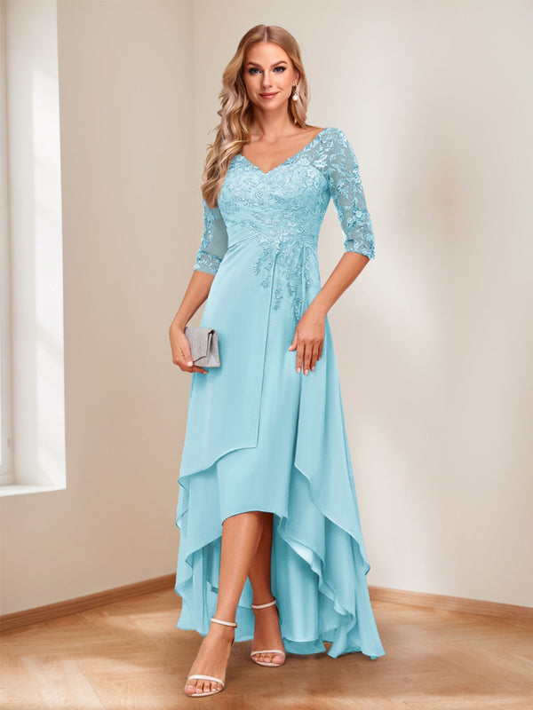A-Line/Princess V-Neck Half Sleeves Asymmetrical Mother of the Bride Dresses with Appliques