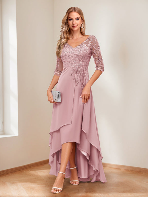 A-Line/Princess V-Neck Half Sleeves Asymmetrical Mother of the Bride Dresses with Appliques