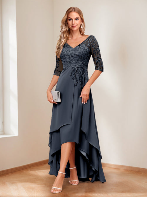 A-Line/Princess V-Neck Half Sleeves Asymmetrical Mother of the Bride Dresses with Appliques