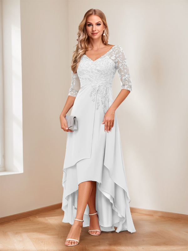 A-Line/Princess V-Neck Half Sleeves Asymmetrical Mother of the Bride Dresses with Appliques