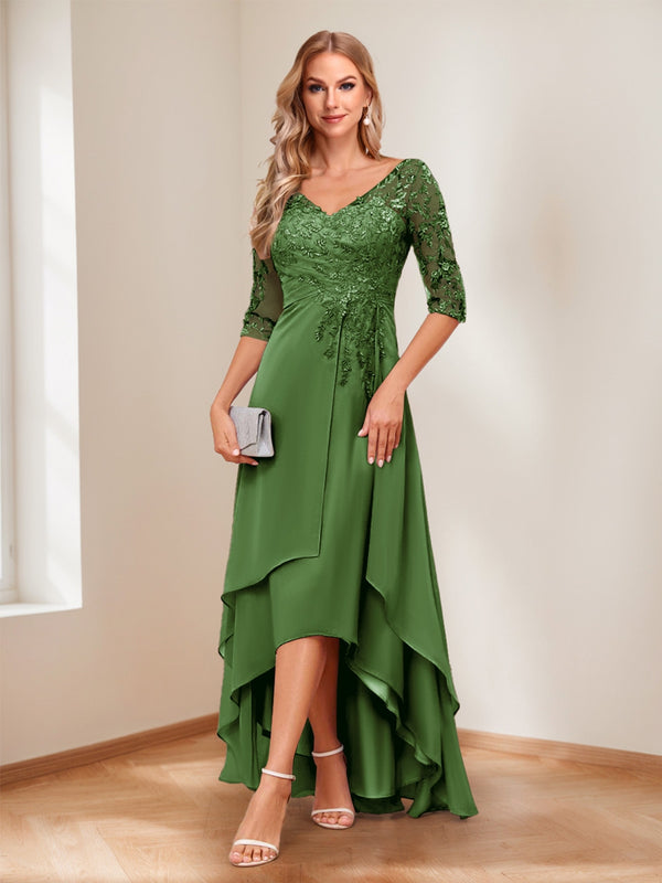 A-Line/Princess V-Neck Half Sleeves Asymmetrical Mother of the Bride Dresses with Appliques