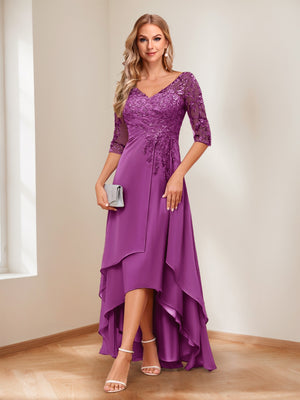 A-Line/Princess V-Neck Half Sleeves Asymmetrical Mother of the Bride Dresses with Appliques