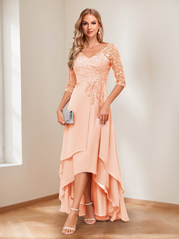 A-Line/Princess V-Neck Half Sleeves Asymmetrical Mother of the Bride Dresses with Appliques