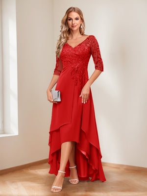 A-Line/Princess V-Neck Half Sleeves Asymmetrical Mother of the Bride Dresses with Appliques