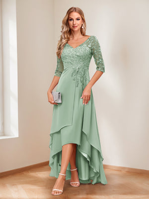 A-Line/Princess V-Neck Half Sleeves Asymmetrical Mother of the Bride Dresses with Appliques