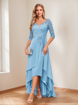 A-Line/Princess V-Neck Half Sleeves Asymmetrical Mother of the Bride Dresses with Appliques