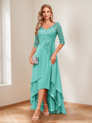 A-Line/Princess V-Neck Half Sleeves Asymmetrical Mother of the Bride Dresses with Appliques