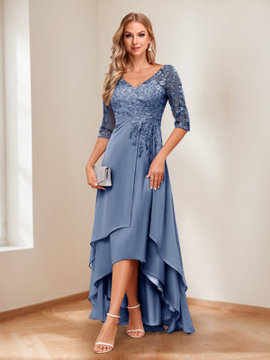 A-Line/Princess V-Neck Half Sleeves Asymmetrical Mother of the Bride Dresses with Appliques