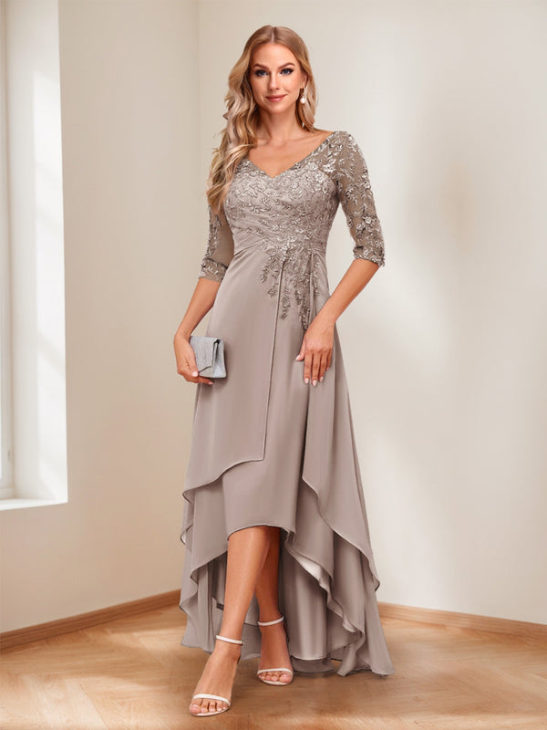 A-Line/Princess V-Neck Half Sleeves Asymmetrical Mother of the Bride Dresses with Appliques