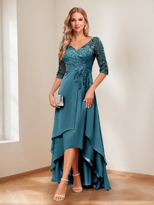 A-Line/Princess V-Neck Half Sleeves Asymmetrical Mother of the Bride Dresses with Appliques