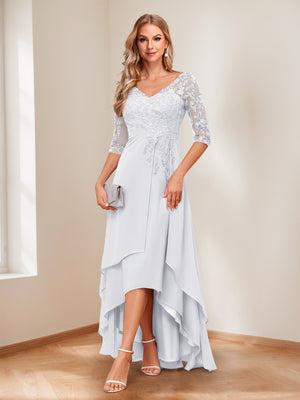 A-Line/Princess V-Neck Half Sleeves Asymmetrical Mother of the Bride Dresses with Appliques