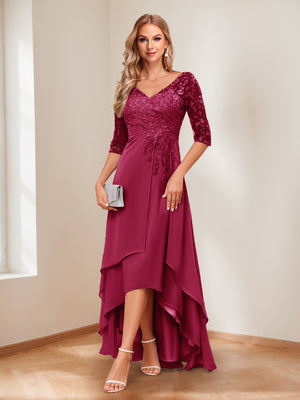 A-Line/Princess V-Neck Half Sleeves Asymmetrical Mother of the Bride Dresses with Appliques