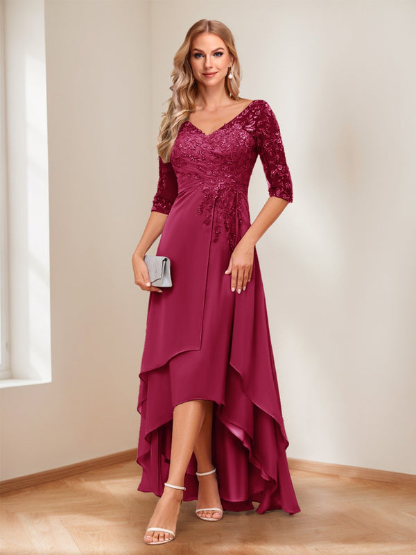 A-Line/Princess V-Neck Half Sleeves Asymmetrical Mother of the Bride Dresses with Appliques