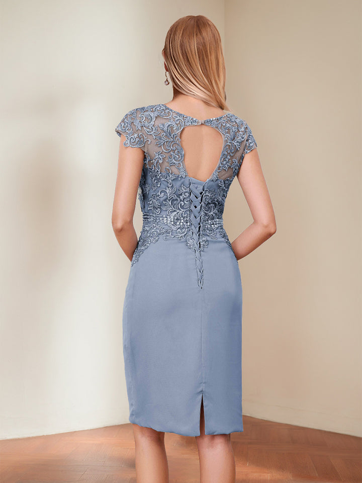 Sheath/Column Scoop Short Sleeves Mother of the Bride Dresses with Appliques &amp; Rhinestone