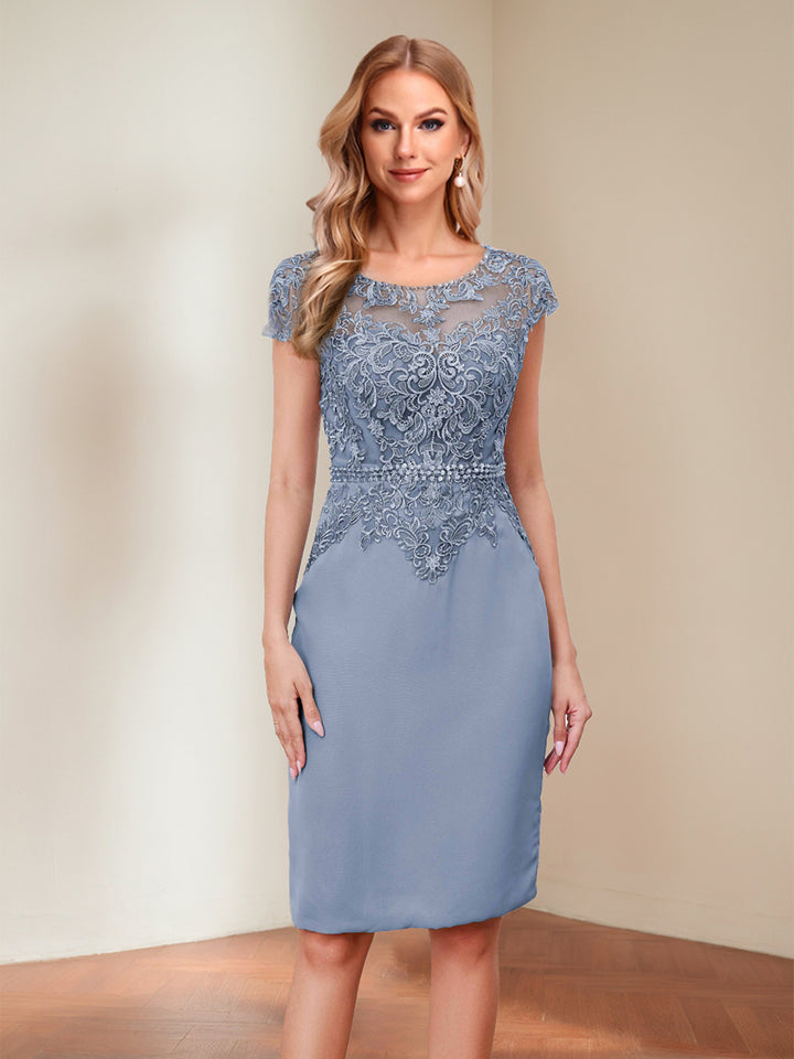 Sheath/Column Scoop Short Sleeves Mother of the Bride Dresses with Appliques &amp; Rhinestone