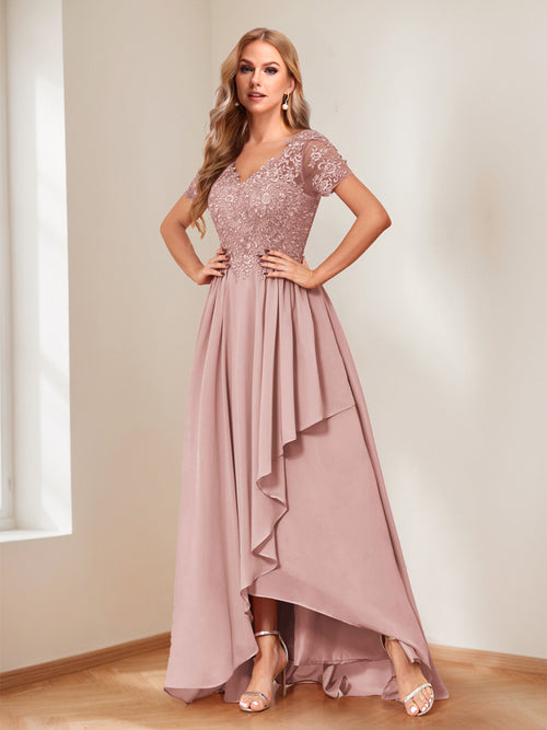 A-Line/Princess V-Neck Short Sleeves Mother of the Bride Dresses with Appliques & Ruffles