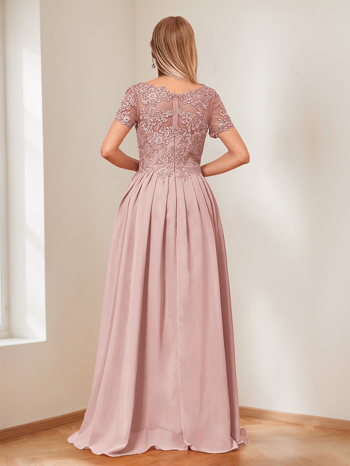 A-Line/Princess V-Neck Short Sleeves Mother of the Bride Dresses with Appliques &amp; Ruffles