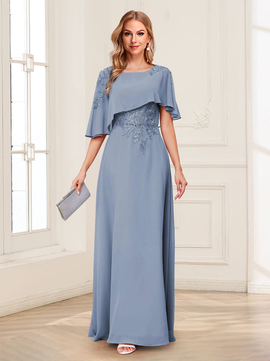 A-Line/Princess Cowl Neck Half Sleeves Long Mother of the Bride Dresses with Appliques